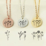 Custom Combined Birth Flower Necklace, Engraved Flower Bouquet Necklace, Family Necklace for Mom, Birthday for Her, Christmas Gift for Mum