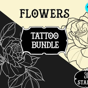 Flower outline tattoo stamp set with rose, black line art, and Tattoo Bundle text