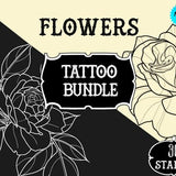 Flower outline tattoo stamp set with rose, black line art, and Tattoo Bundle text