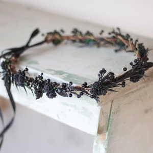 Black floral crown headband with delicate filigree, dark beaded accents