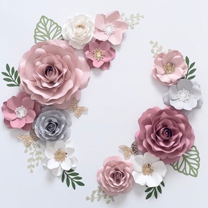 Mauve blush paper flower wall decor set with layered rose and small blossoms