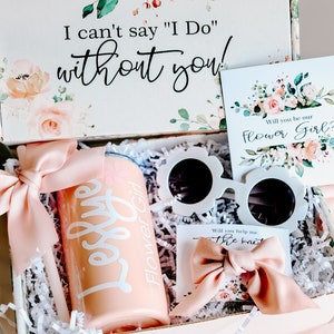 Flower girl gift box with pink sunglasses and floral bows