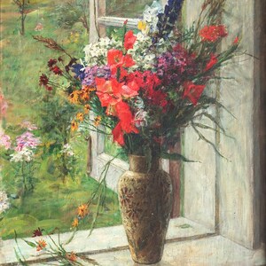 Antique oil painting of a vase with red and white flowers by an open window