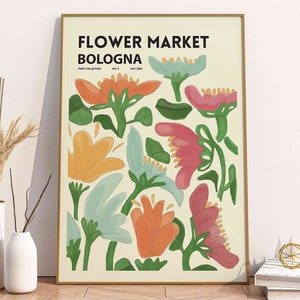 Flower market poster with botanical flowers and title “FLOWER MARKET BOLOGNA”