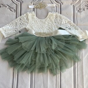 Baby lace top sage tulle tutu dress with long sleeves and layered ruffled skirt
