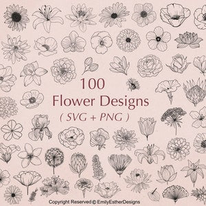 Hand-drawn flower design bundle with 100 black-line SVG and PNG illustrations