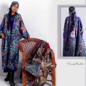 Blue kimono with multicolored floral print, long sleeves, open front, FRIDA KAHLO collection
