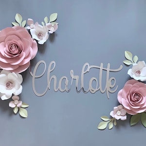 Nursery name sign with silver cursive text and pink and white paper flowers
