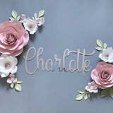 12 Pieces Paper Flower Set, Silver Name Sign, Nursery Paper Flower Wall Decor, Baby Girl Nursery Flowers, Paper Flowers, Acrylic Gold Name