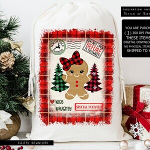 White drawstring Santa sack with gingerbread girl PNG graphic and red holiday text