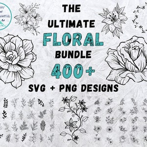 Floral SVG bundle with line-drawn flowers and 'Ultimate Floral Bundle 400+' text