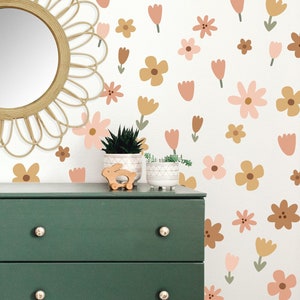 Boho floral fabric wall decals with tulips and flowers in soft peach, brown, and cream.