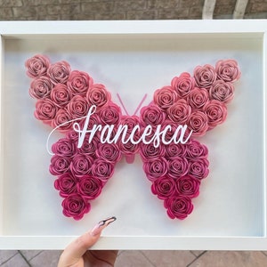 Rose ombre butterfly shadow box with pink paper flower rosette accents