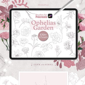 Procreate Ophelia's Garden brush and stamp set with line-art flowers on a tablet