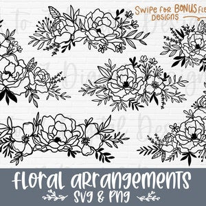 Floral arrangements SVG & PNG bundle featuring black line-art flower borders and bouquets