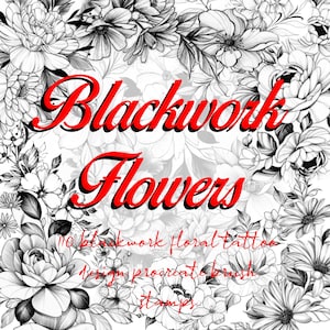 Blackwork flower Procreate brush set with red and black floral tattoo designs