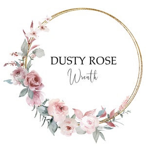 Watercolor flower wreath with dusty pink blooms and a thin gold ring