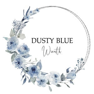 Dusty blue watercolor floral wreath with blue roses and leaves, circular border