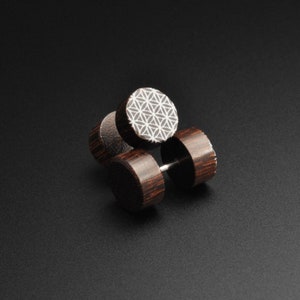Palm wood fake gauge ear plug with round white Flower of Life inlay