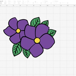 Layered violet flower cut file SVG with two purple blooms and green leaves