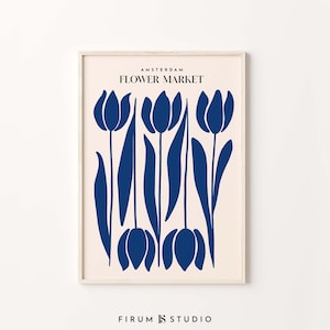 Framed flower market wall art print with blue tulip silhouettes and small text