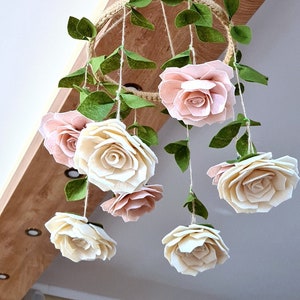 Felt rose flower mobile with pink and cream felt roses