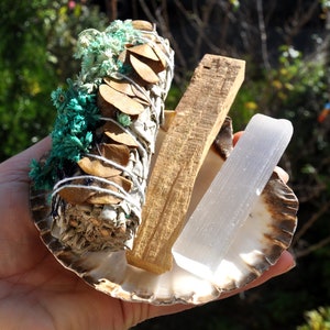 Smudge set with sage bundle, palo santo sticks, and selenite crystal dish