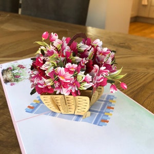 Flower pop-up card with basket of pink flowers on white front