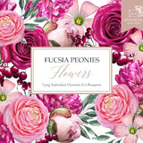 Hot pink flowers clipart - Fuchsia watercolor flowers - Ranunculus clipart - Watercolor flowers clipart - Commercial Use