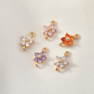 6pcs Flower Connector Charm with loops, Multicolour Cubic Pave Pendant, Bracelet Necklace Making, Gold Plated Jewelry Findings