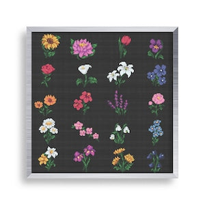 Tiny cross stitch flower pattern set with 20 small multicolor floral designs on dark cloth