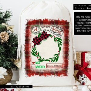White drawstring Santa sack with red plaid wreath and holiday lettering graphic