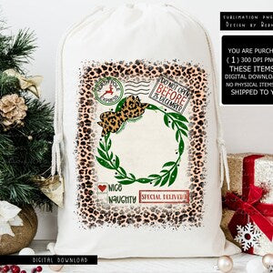 White drawstring Santa sack with leopard-print wreath graphic and holiday text