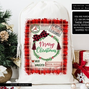 White drawstring Christmas Santa sack with red plaid wreath and “Merry Christmas” text