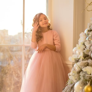 Girls blush long-sleeve tutu flower dress with gathered waist