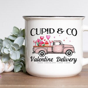White ceramic mug with pink Valentine delivery truck and text design