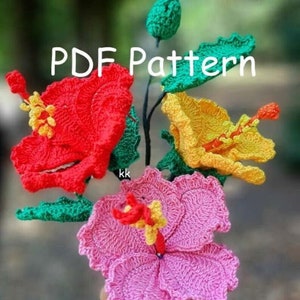 Crochet hibiscus flower pattern PDF with red, yellow, and pink flower examples