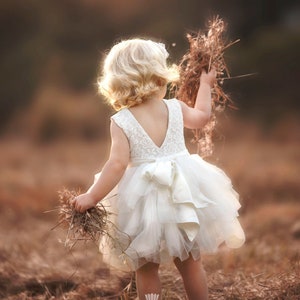 Ivory lace flower girl dress with tiered tulle skirt and back bow