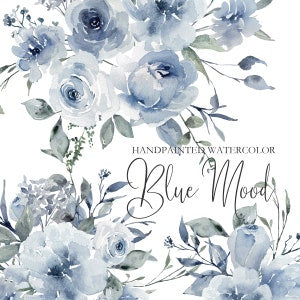 Watercolor floral clip art with blue roses, small blossoms, and green leaves