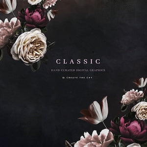 Classic floral clipart graphic with peonies, roses, and tulips arranged in corners