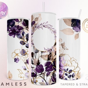 Skinny 20 oz tumbler with purple and gold watercolor floral wrap, straw lid