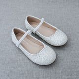 Glitter Mary Jane flats with ankle strap and round toe, light silver-white