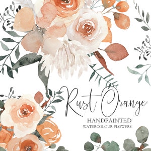 Rust orange watercolor flower clipart with roses, leaves, and eucalyptus sprigs