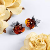 Rose Earrings in Sterling Silver and Baltic Amber, English Rose Earrings, Flower Earrings, Amber Earrings, Gift for Mom, Rose Jewelry