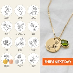 Birth Flower Necklace Birthstone Necklace Personalized Gift for Women New Mom Gift Handmade Jewelry Birth Month Flower Jewelry Gift for Mom