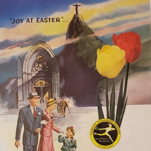 Vintage Easter greeting print ad with church, people and red/yellow tulips