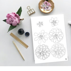Printable flower drawing worksheet page with shaded floral sketches and outlines