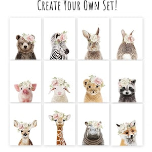Printable baby animal wall art set, 12 portraits with flower crowns on white cards