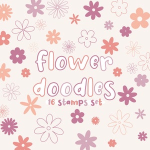 Flower doodles stamp brush set with pastel flower icons, includes 16 stamps
