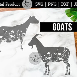 Floral goat silhouette graphic on light fabric with decorative wildflower sprigs
